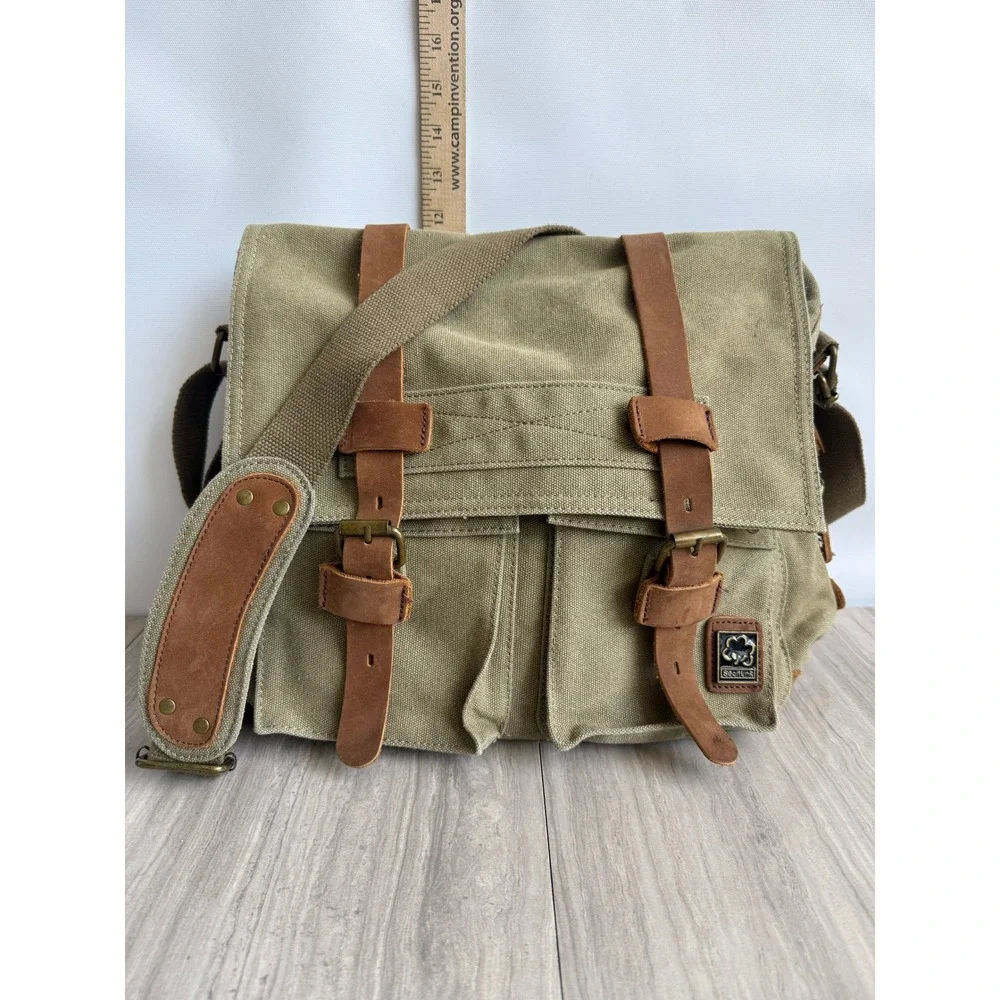 Sechunk Messenger Bag Olive Green Canvas Leather Trim Vintage Military Travel